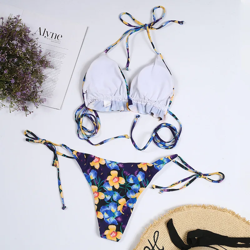 Sexy Flower Swimwear Thong Bikini 2024 Women String Micro Swimsuits Swimming Bathing Suit Brazilian Bikinis Set Mujer Biquini