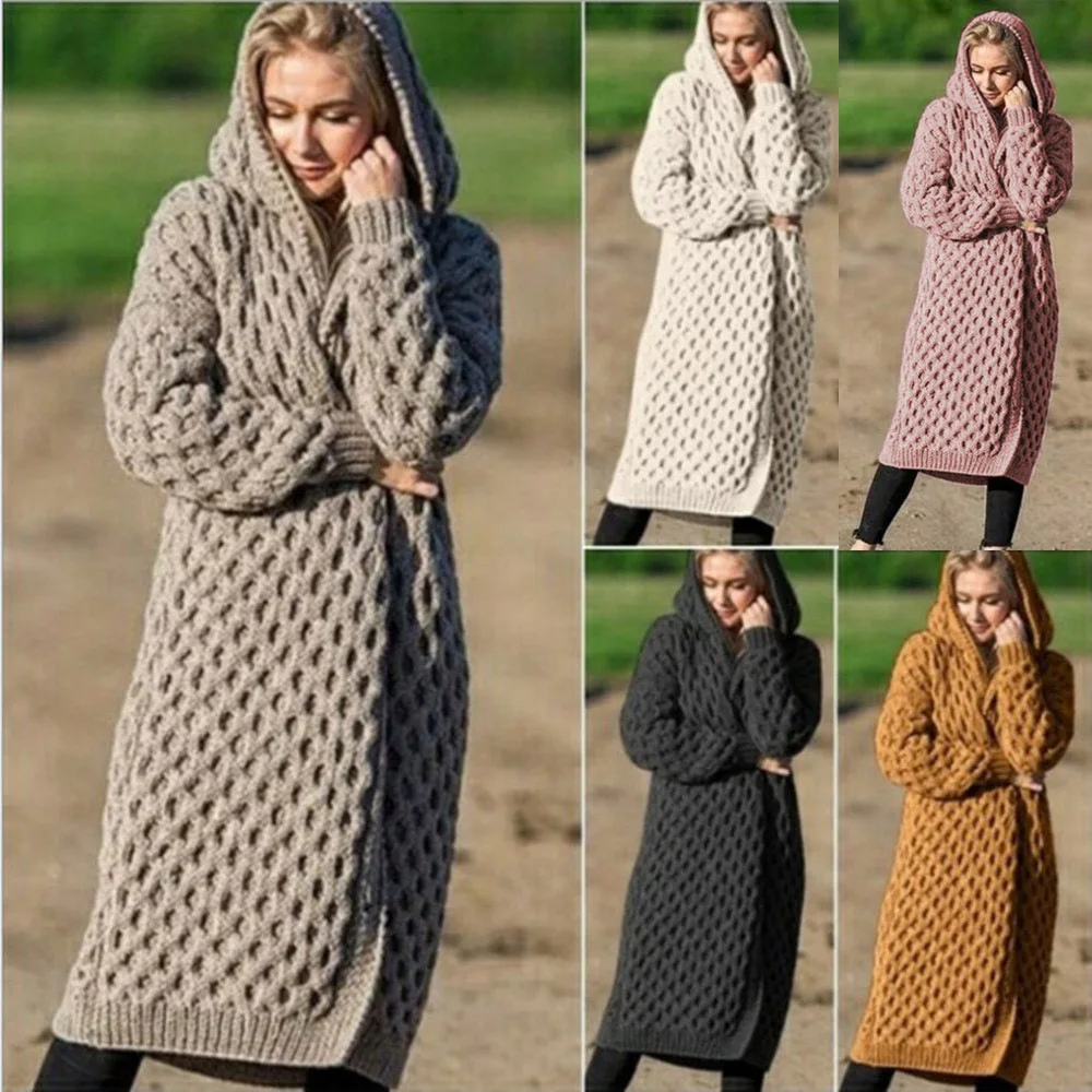 

Autumn Winter Warm New Style Solid Color Women's Long Knitted Sweater Coat with Hood Open Cardigan Outerwear