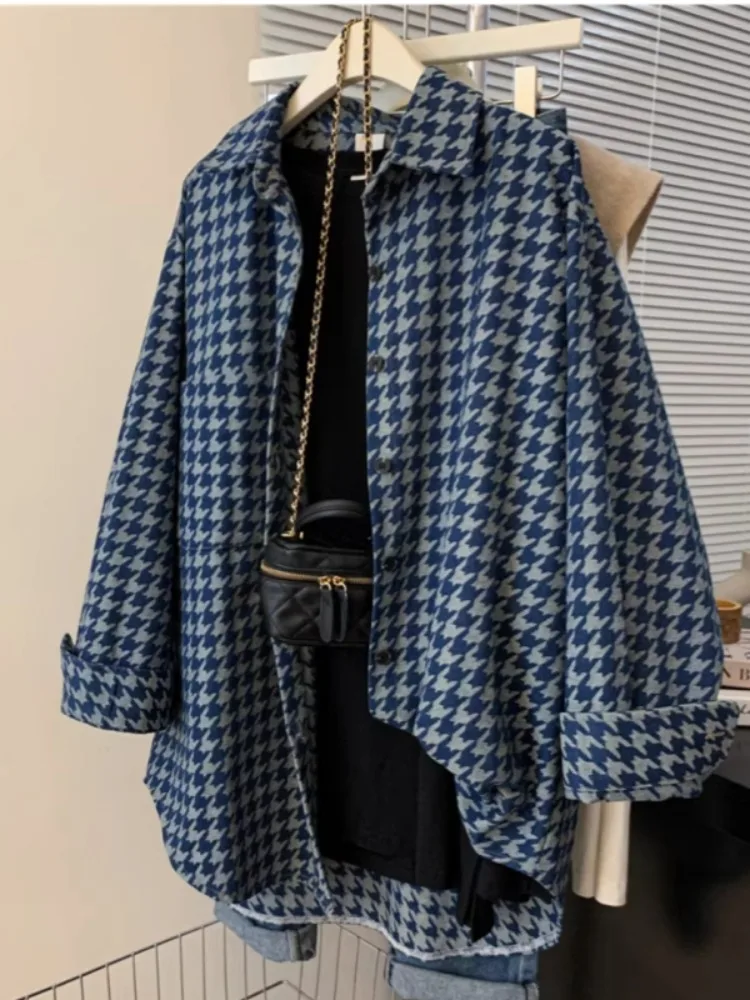 

Корейская клетчатая джинсовая куртка irt Jaet, женская весенняя ленивая повседневная верхняя одежда большого размера, открытая блузка-кардиган