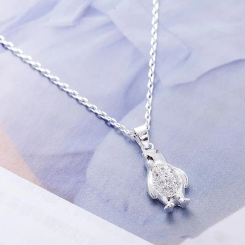 Korean Cute Penguin Literary Shiny Animal Silver Color Clavicle Chain Necklace For Women Fashion Jewelry Party Birthday Gift
