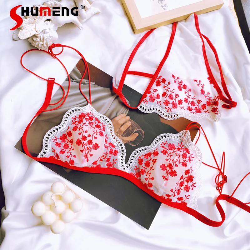 

Triangle Cup Underwear Set for Girls French Style Sexy Pure Desire Embroidered Intimates Women Lace Backless Wireless Brief Suit