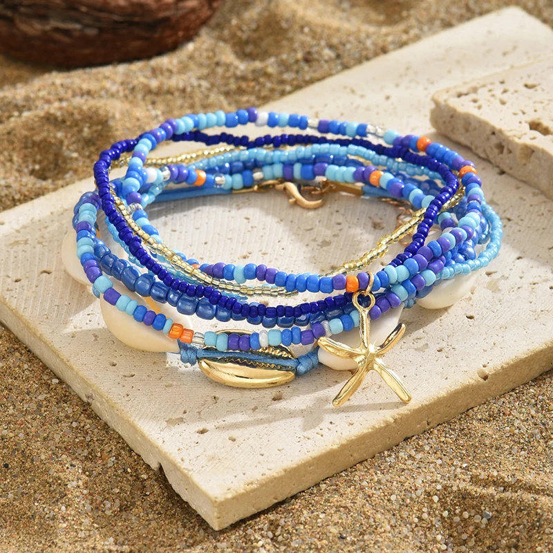 7Pcs Bohemian Style Starfish Shell Hand Woven Bracelet For Women Girls Fashion Beaded Bracelet Summer Beach Vacation Accessories