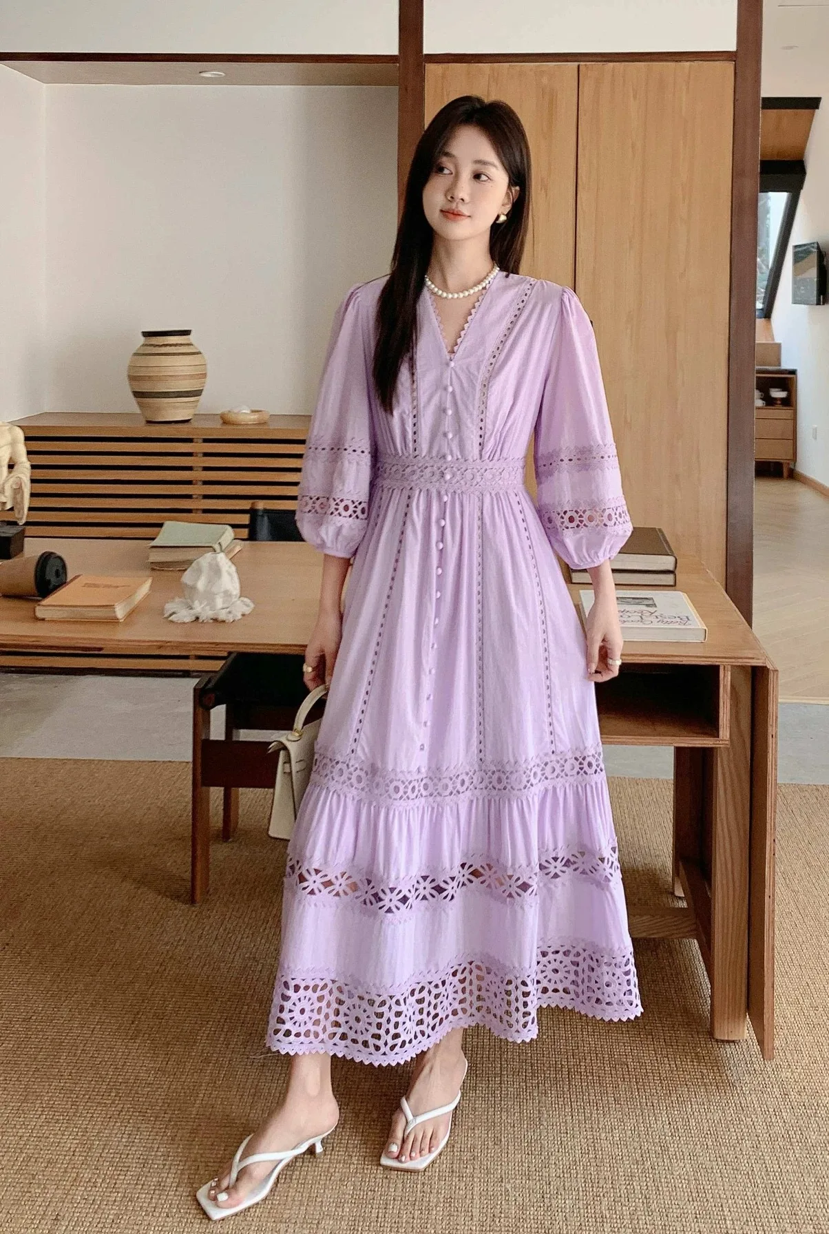 

New 2025 Auutmn Long Dress High Quality Lady Sexy V-Neck Hollow Out Embroidery Flower Pattern 3/4 Sleeve Long Purple Maxi Dress