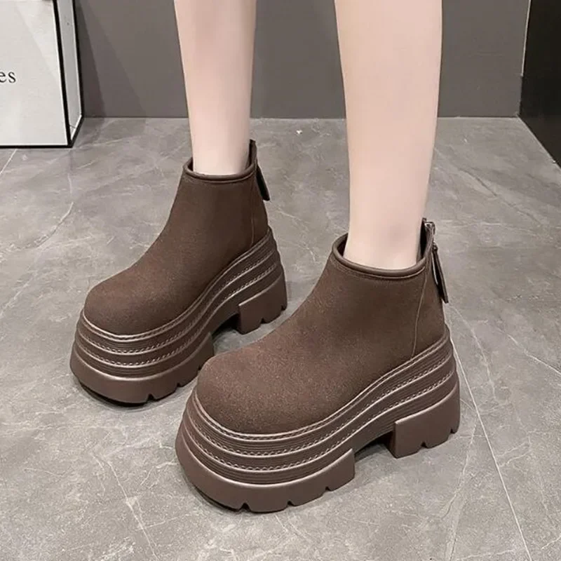Suede Leather Ankle Snow Boots Women Winter Warm Fur Sneakers Thick Sole Short Boot 10CM High Platform Chunky Shoes Botas Mujer