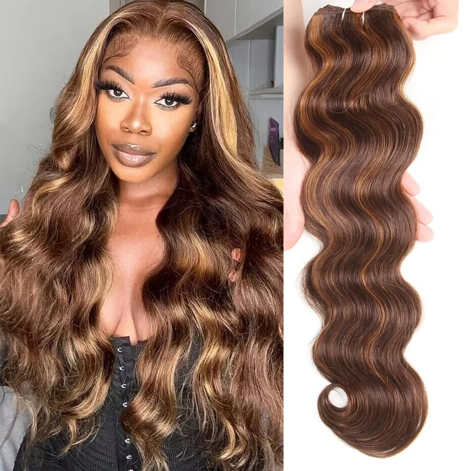 Brown Highlight Body Wave Human Hair Weave 1 Bundles Brazilian Remy Hair Ombre Blonde Human Hair Wavy Weaves Sew in Piano Color