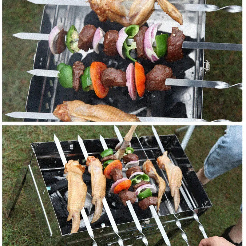 6 buah 55Cm tusuk sate BBQ pegangan panjang Shish Kebab barbekyu panggang tongkat kayu BBQ garpu Stainless Steel luar ruangan jarum panggangan