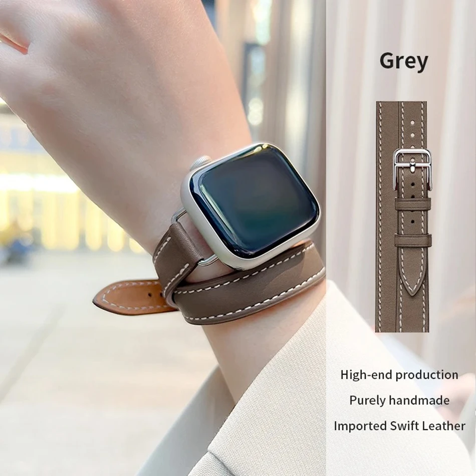 Soft Double Tour Cowhide Leather Strap For Apple Watch Series 9 8 7 6 SE 5 4 38/40/41/42/44/45mm IWatch Ultra 2 49mm Watch Band