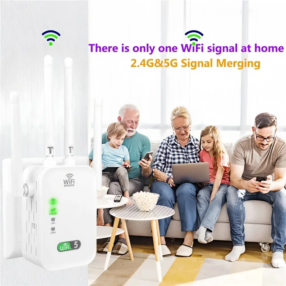 1200Mbps WiFi Extender Repeater 4 Antenna Dual-Band 2.4G 5G Signal Amplifier WPS Router for Home to Bedroom Wireless Wifi
