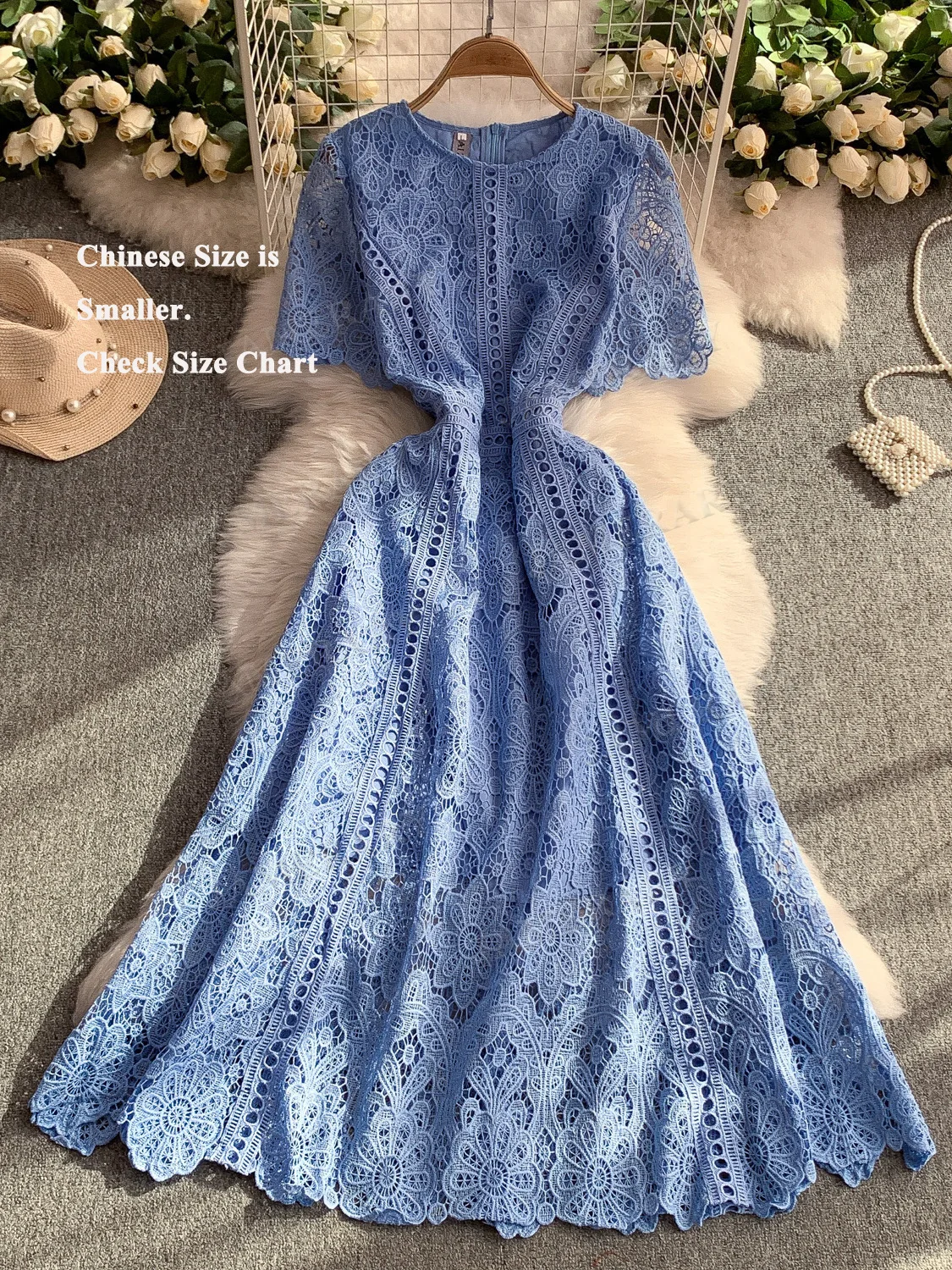 Hollow Out Embroidery Prom Evening Long Dresses Women Summer Short Sleeve Party Dress Birthday Crochet Pleated Formal Occasion