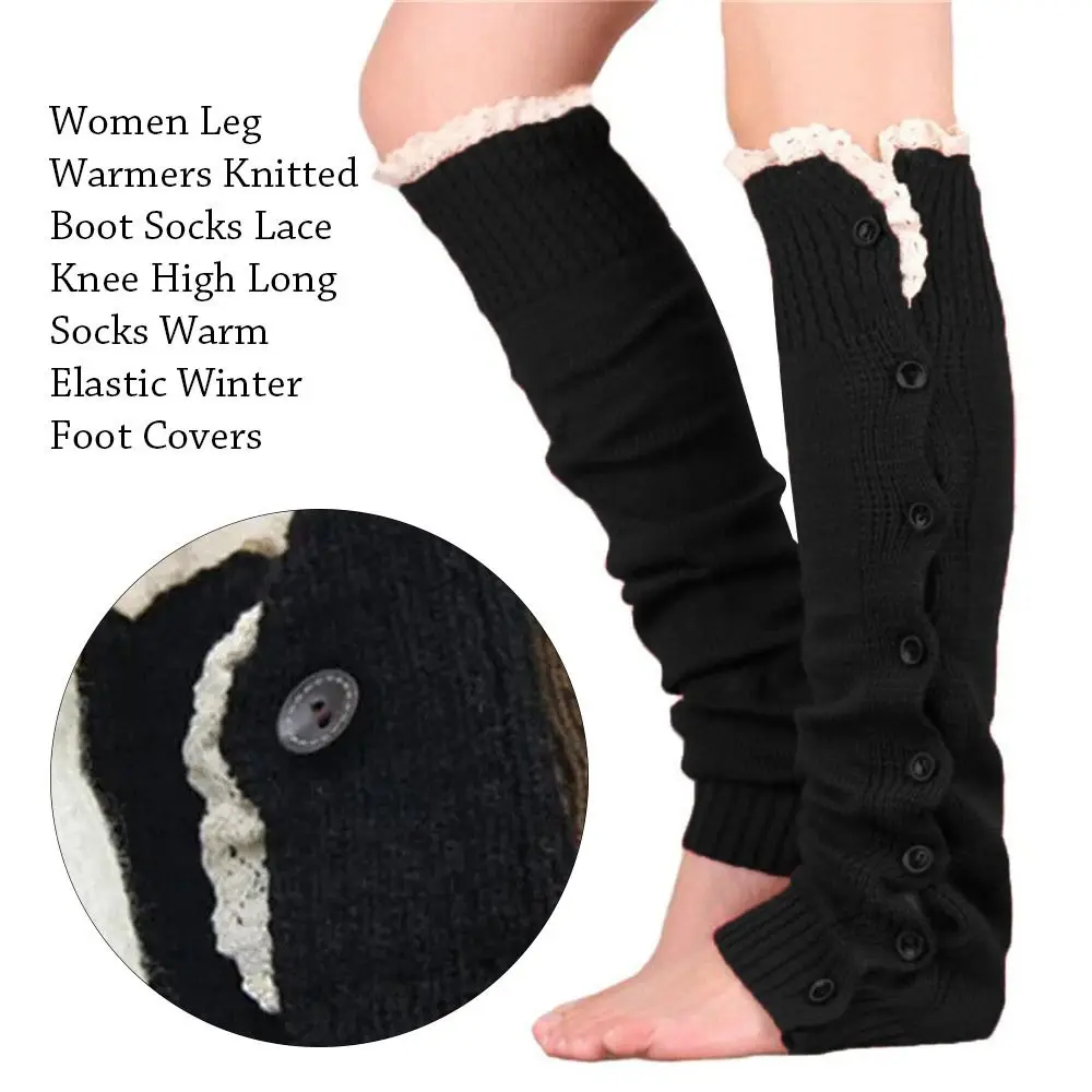 Women Leg Warmers Knitted Boot Socks Lace Knee High Long Socks Warm Elastic Winter Foot Covers