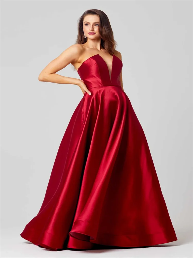 Customized Dramatic V Neckline Sleeveless Satin A-Line Evening Dress Open Back Zipper Floor Length Structured Hem Gown For Women