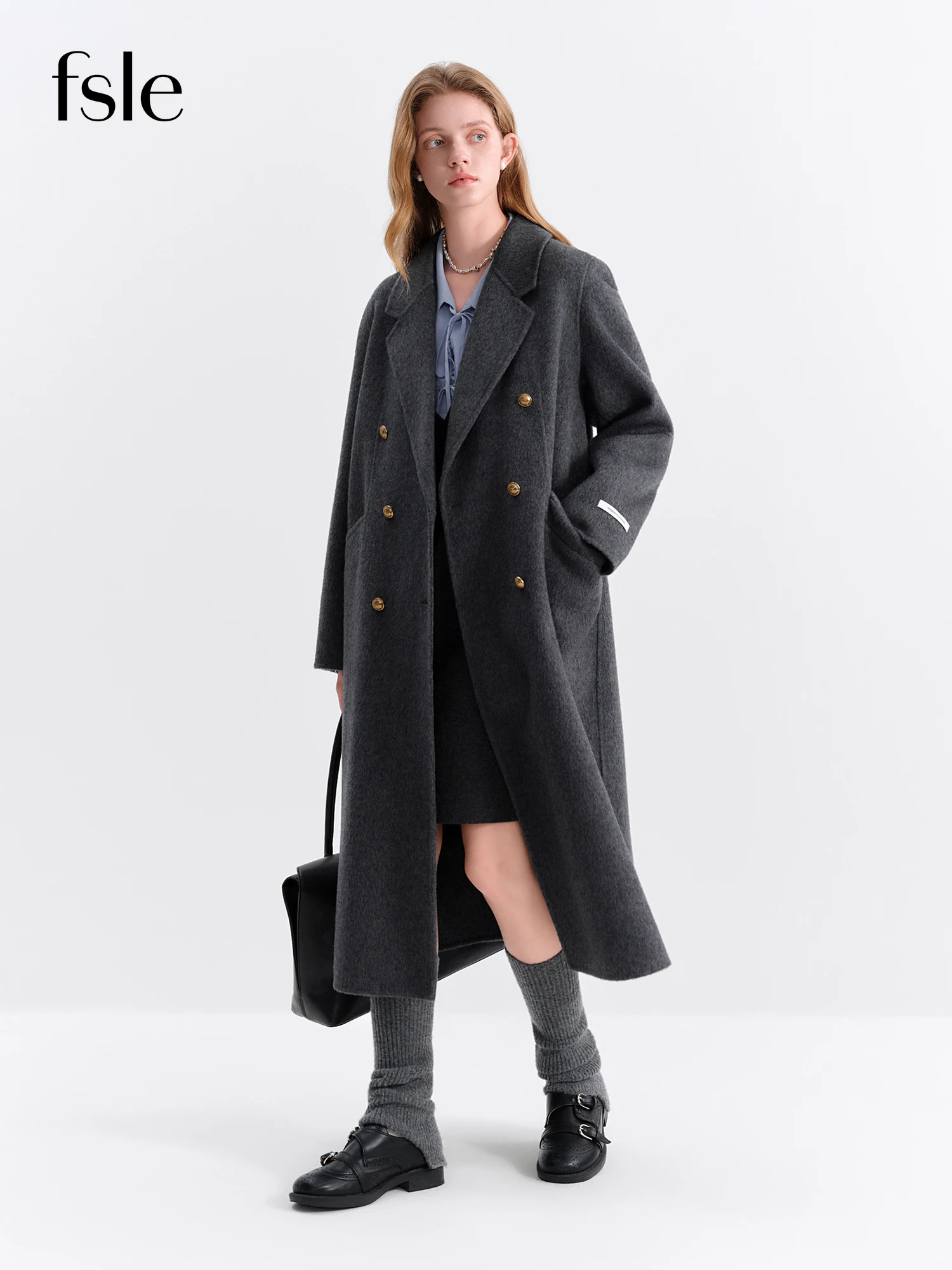 

FSLE Winter 2025 Женское классическое двустороннее шерстяное пальто с лацканами и лацканами - элегантное пальто структурированного кроя для повседневной носки