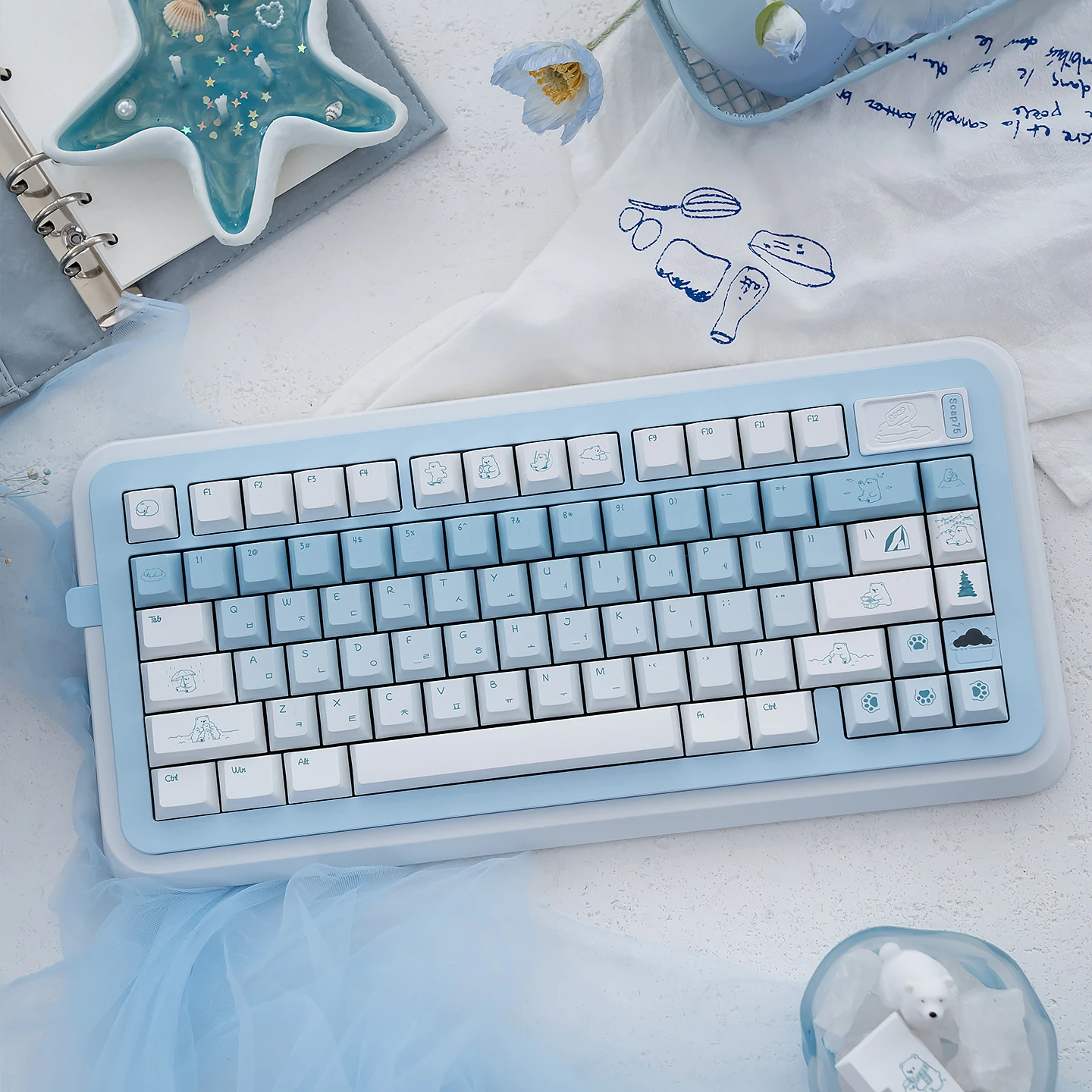 URE Polar Bear Keycaps Dye-Sublimation Cherry Profile PBT Keycaps Gradient Blue Hangul Korean Keycaps For MX Mechanical Keyboard