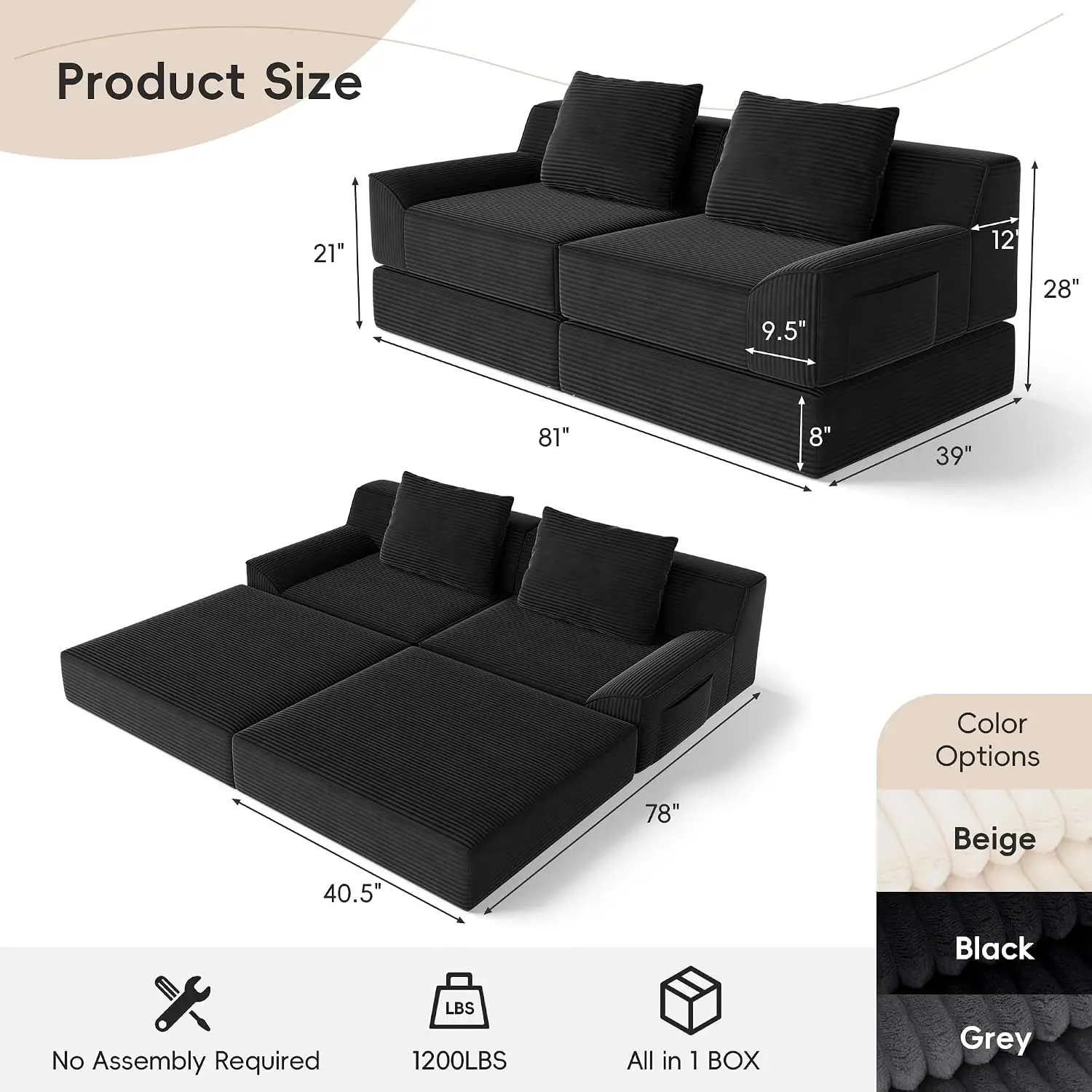 Corduroy Floor Sofa Bed, 81