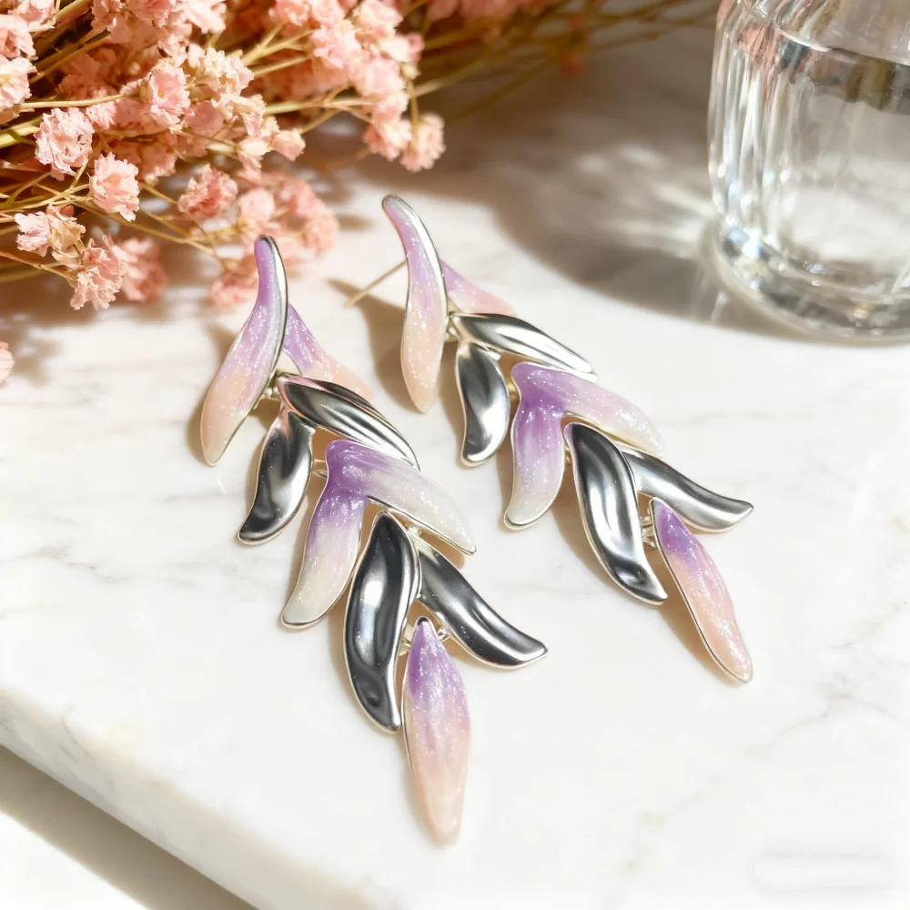 

Bohemian Purple Pink Gradient Leaf Drop/Mermaid Tail Earrings for Women Trendy Artistic Dangle Statement Jewelry Unique Gift