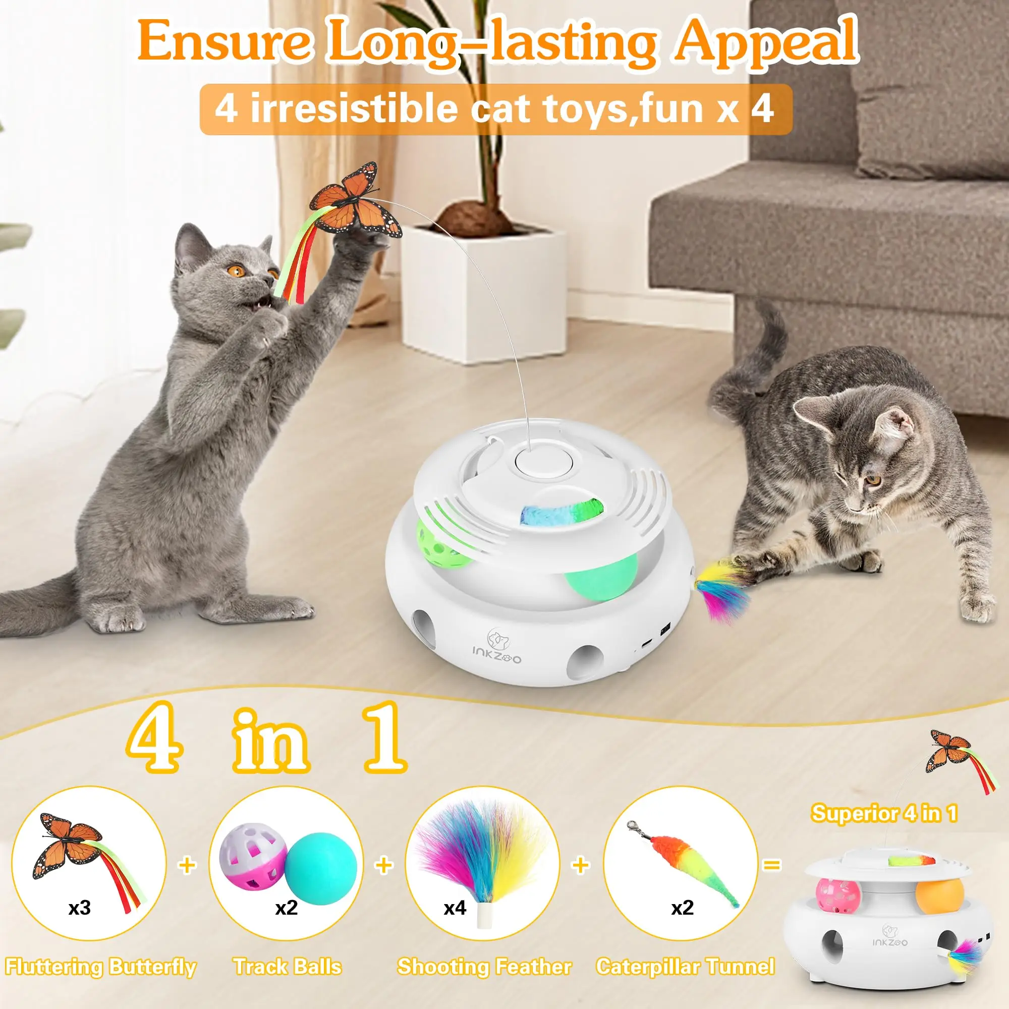 4-in-1 Interactive Cat Toys for Indoor , Automatic 6 Holes Mice Whack-A-Mole, Fluttering Butterfly, Track Balls,USB Rechargeable