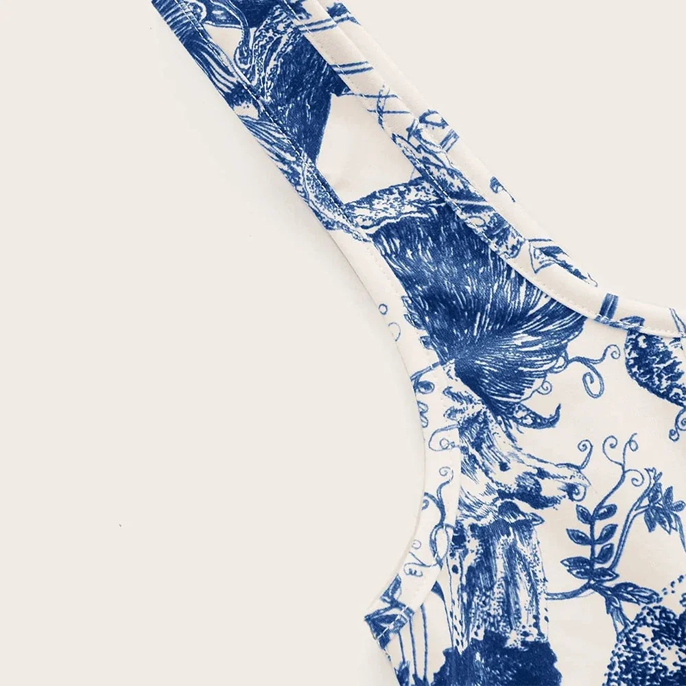 CPSYMYM الدبابات الربيع الصيف أزياء لائق طباعة كاملة أكمام ساحة الرقبة عارضة الدبابات للنساء