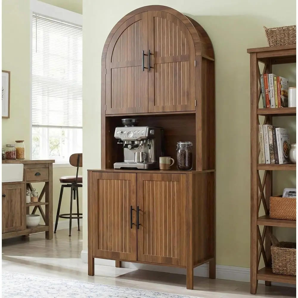 76 Walnut Arched Kitchen Pantry Cabinet with Adjustable Shelves, Microwave Stand, Suitable for Dining and Living Rooms
