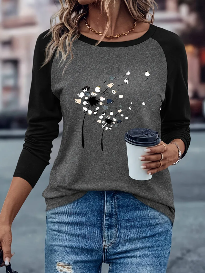 Kawaii Blatt mit Katzen-Print Lässiges Langarm-T-Shirt Lustiges Winter-Herbst-Grafik-Langarm-Komfort-T-Shirt für Damen – Detail 2
