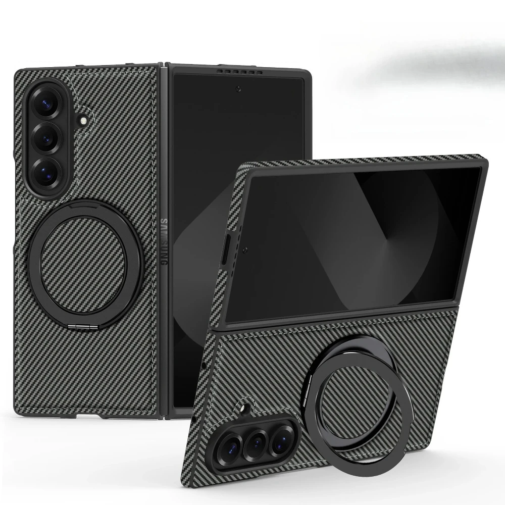 

Auto Leather Phone Case for Samsung Galaxy Z Fold 7 Fold6 5 4 3 Magnetic Rotating Alloy Bracket Ring Carbon Fiber Pattern Cover