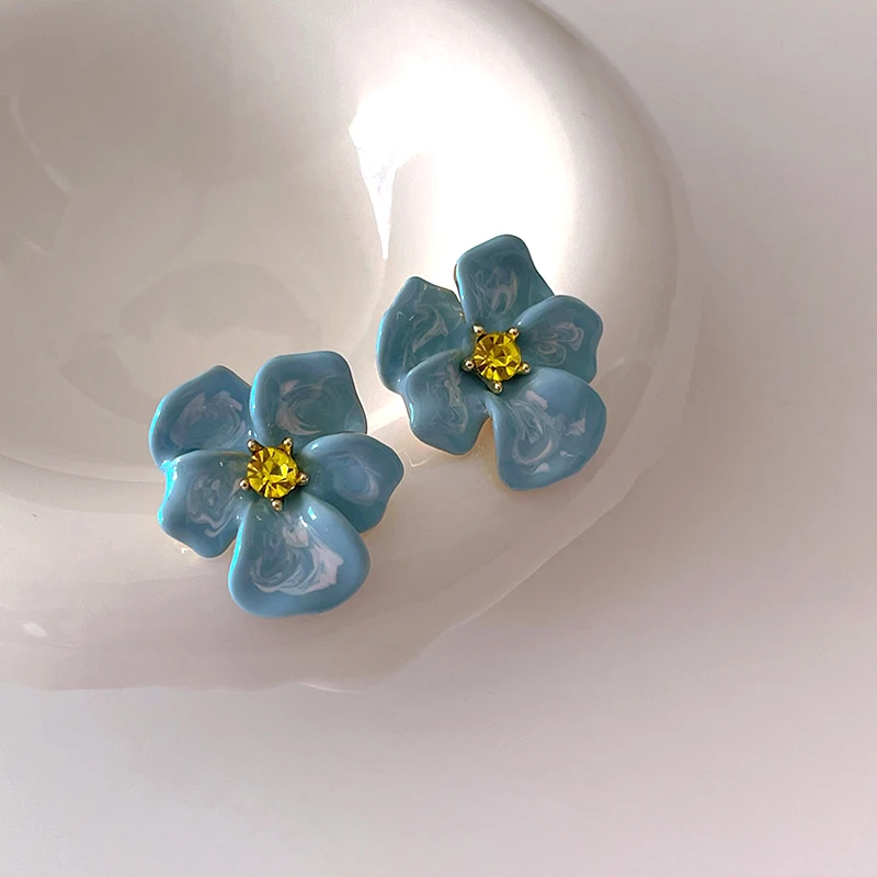 Metal Flower Blue Enamel Petal Post Earrings For Women Fashion Jewelry Elegant Holiday Accessories Fancy New Styles Gifts C1654