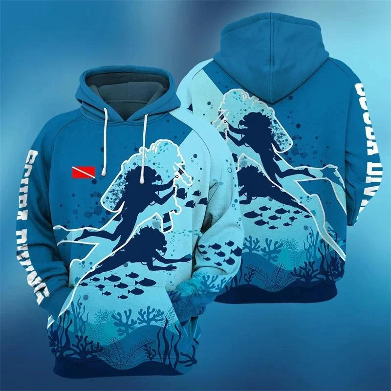 Diving Theme Hoodie Mens Clothing Drawstring Pocket Pullover Sweatshirt 3D Print Diving Sports Outdoor Casual Fashion Hoodies