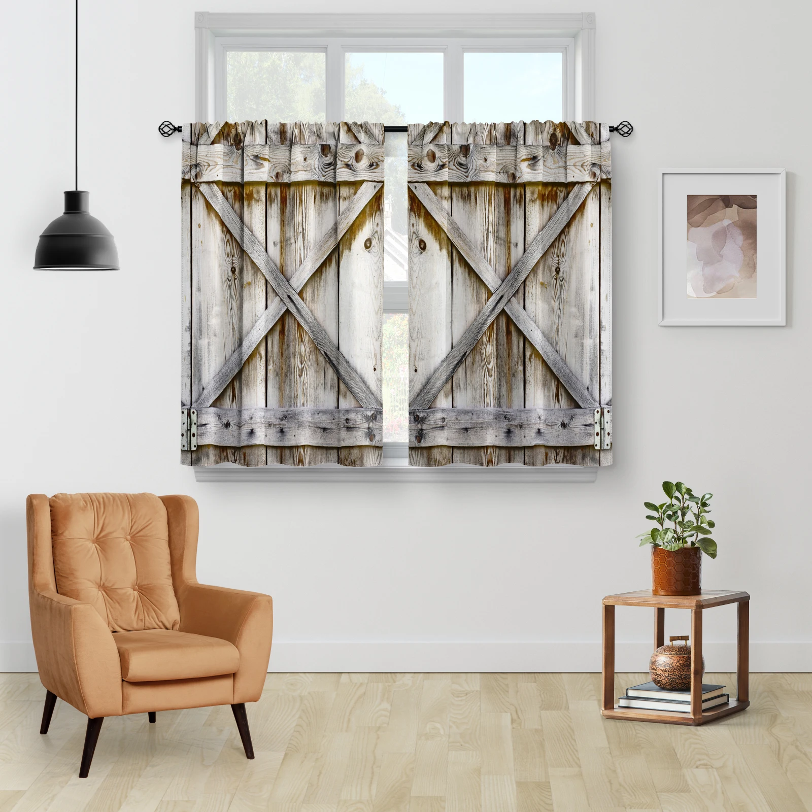 2 Panel Farmhouse Country Wood Kitchen Curtains, Wooden Barn Door Vintage Short Tier Curtains Over Sink Natural Rustic Curtains