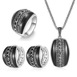 Ajojewel Original Epoxy Resin Jewelry Set For Women Black CZ Geometric Ring Earrings Necklace Vintage Accessories Luxury Gifts