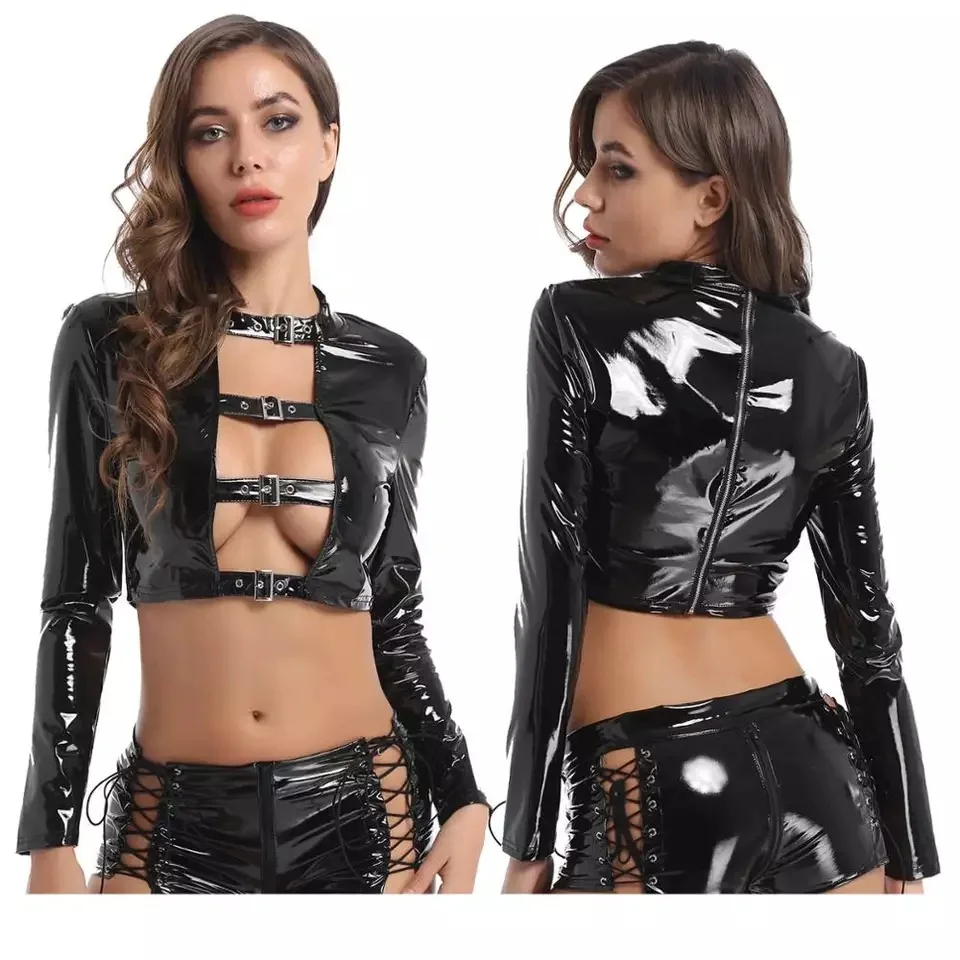 

Sexy Waistcoat Long Sleeve Tee Shirt Hollow Out See Through Hot Top Busty Exposed Breast Minicoat Shiny PU Leather Cropto Jacket