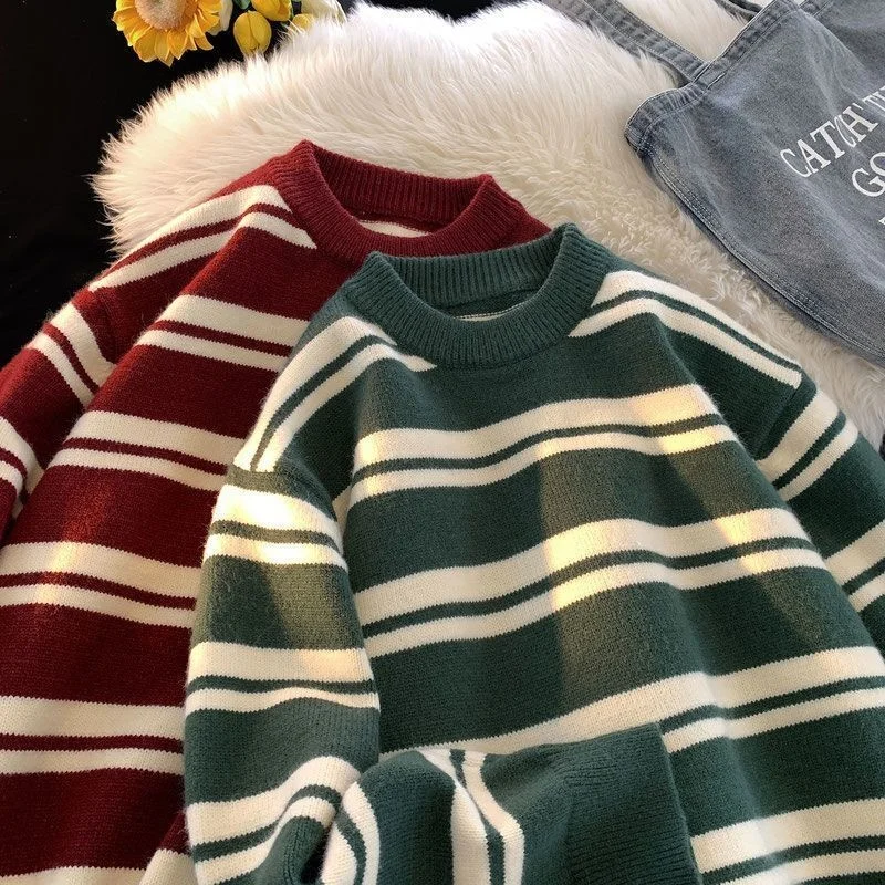 Thiened een Stripes Knitted Sweater Men's Autumn Winter Color Blo round Ne American Lazy Sle Outerwear for Teens