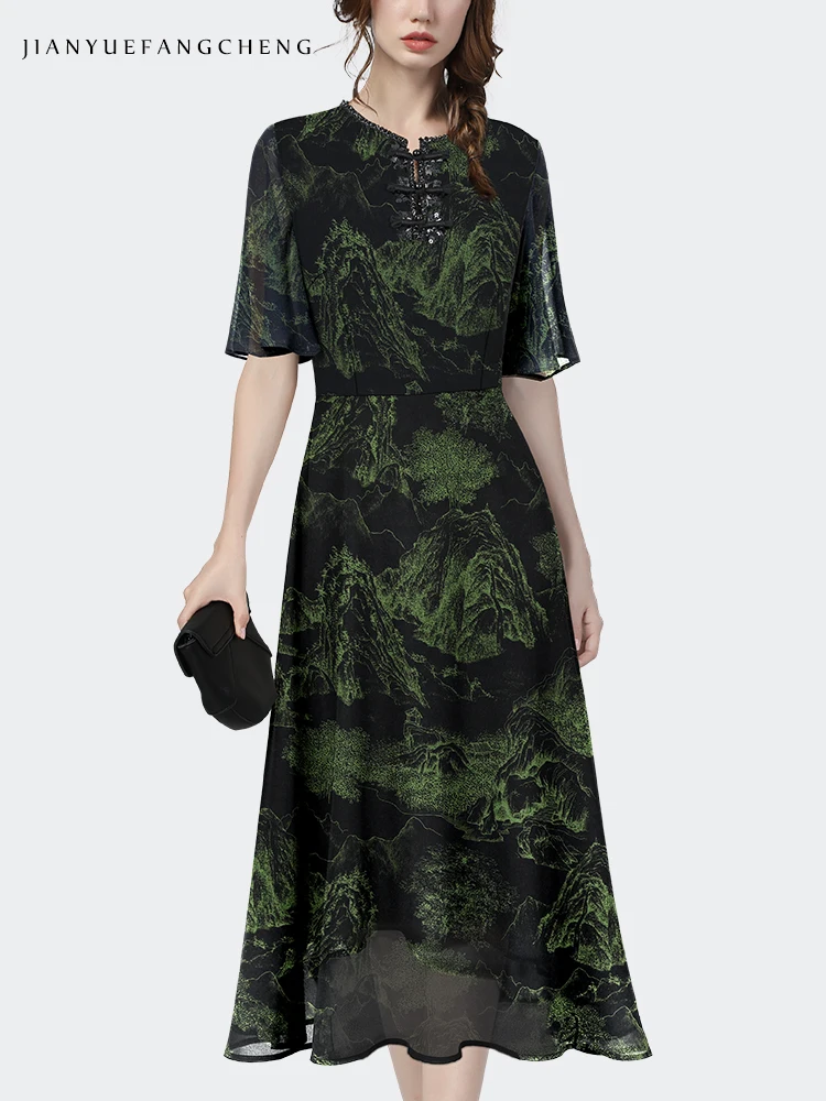 Womens Summer Green Printed Dress Chiffon Long Dress Short Sleeve Crew-neck High Waisted A-line Vintage Female Art Maxi Dresses