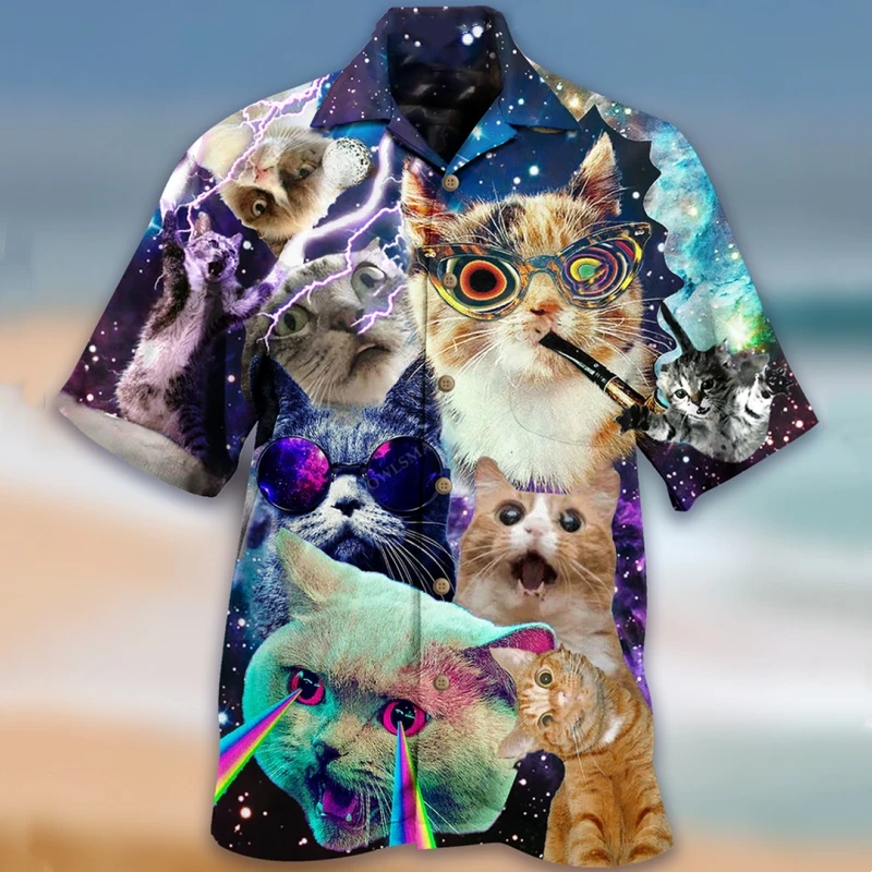 Mode Heren Shirts 3d Cat Print Cubaanse Kraag Shirt Zomer Casual Korte Mouwen Shirt Voor Heren Top Oversized Hawaiiaanse Shirts 2024