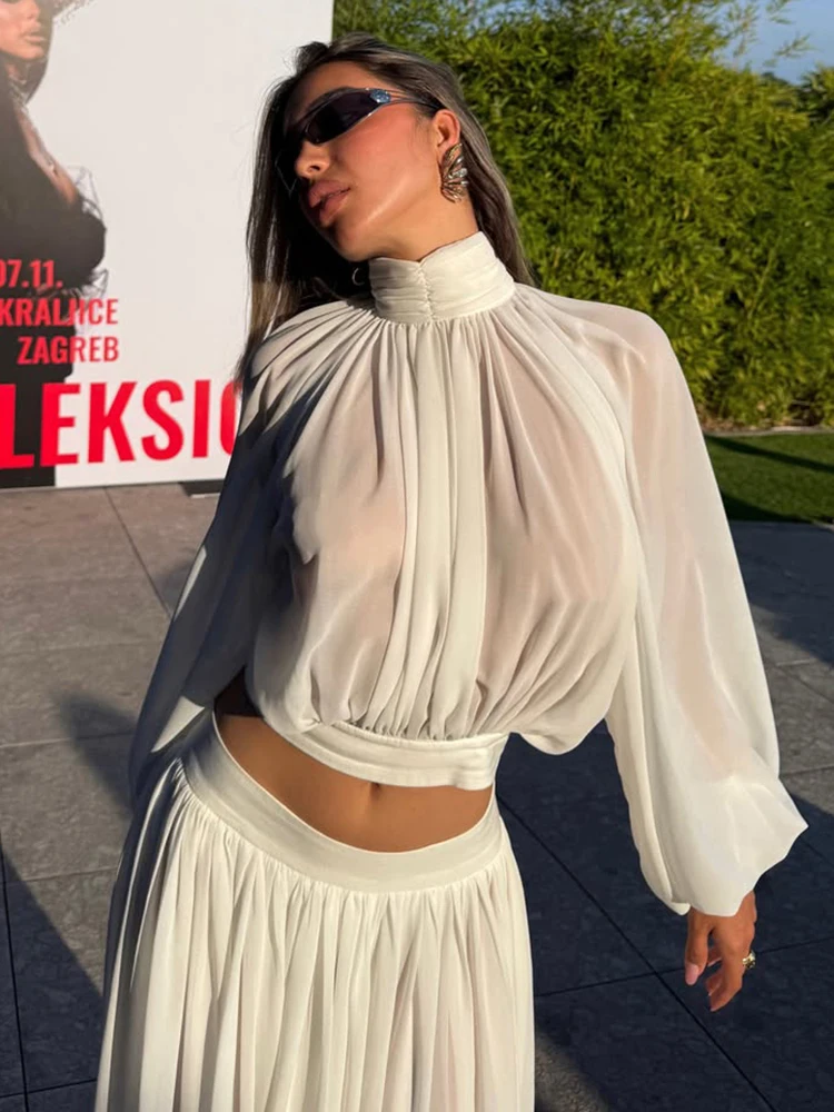 Weird Puss Fashion 2-teiliges Set für Damen, rückenfreies Rollkragenoberteil mit langen Ärmeln + gerüschter langer Rock, eleganter, schlichter Urlaubs- und Partyanzug – Detail 16