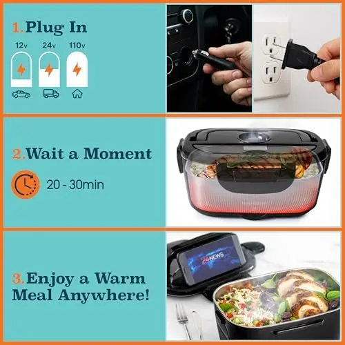 

Electric Lunch Box 1.5L 100W - Portable Food Warmer 12/24/110V for Work & Travel