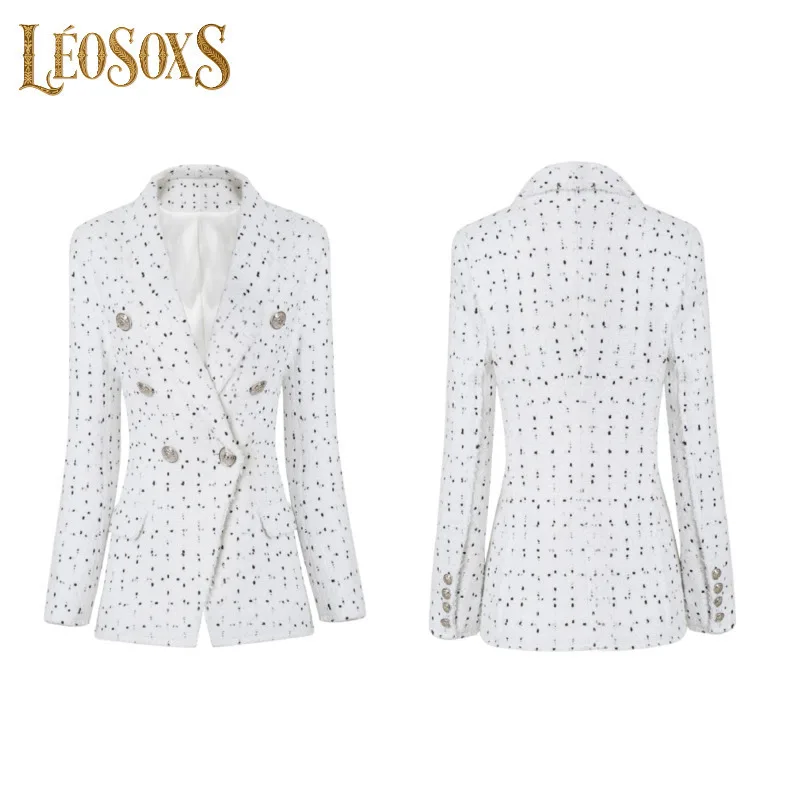 

LEOSOXS Plaid Vintage Women's Blazers Lion Head Gold Button Formal Jackets Spliced Slim Tweed Jacket Lapel Suit Coat 2025 Autumn
