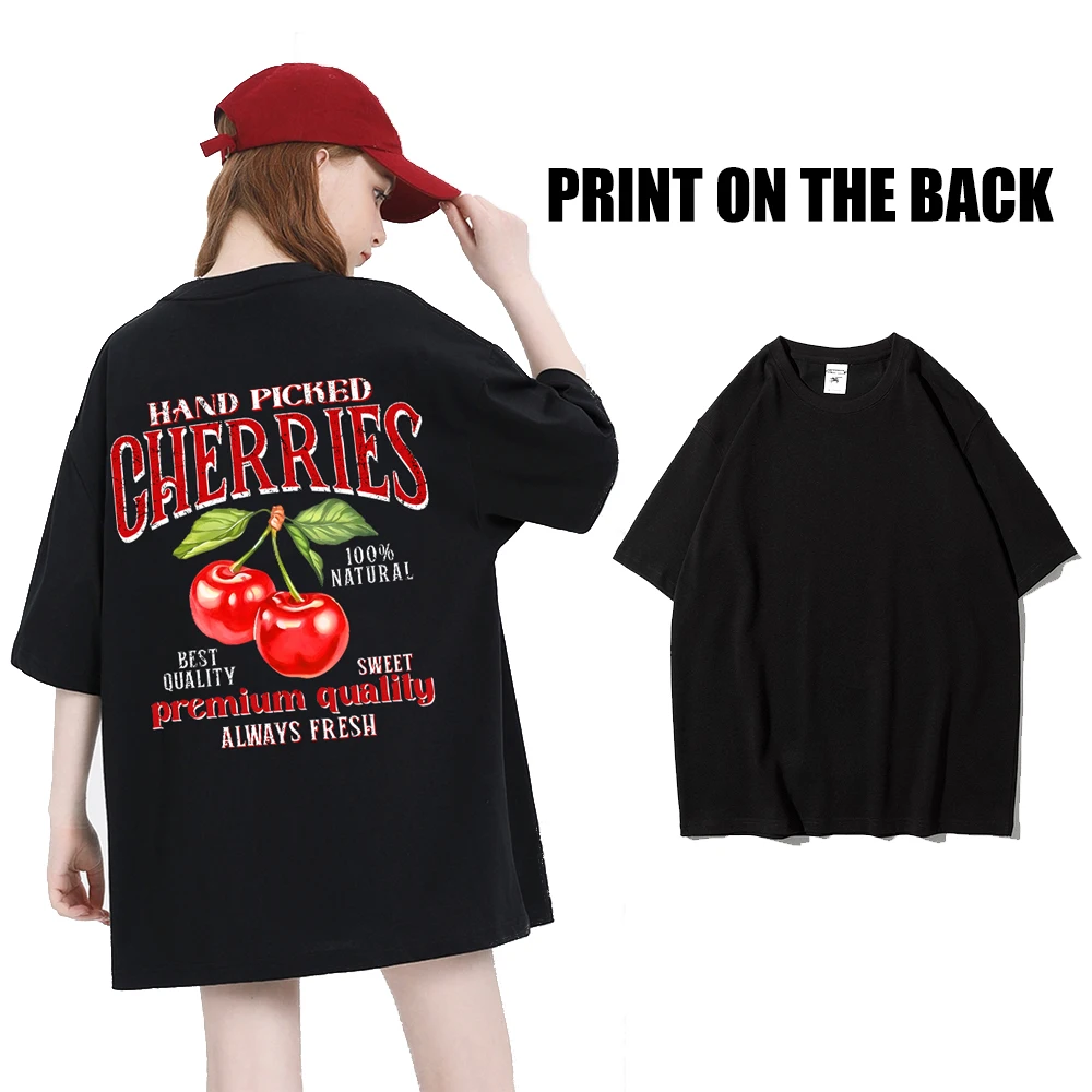 Fashion Cotton Women\'S T-Shirts Hand Picked Cherries Printing Tops Oversize Crewneck Soft Short Sleeve Street Female Clothes