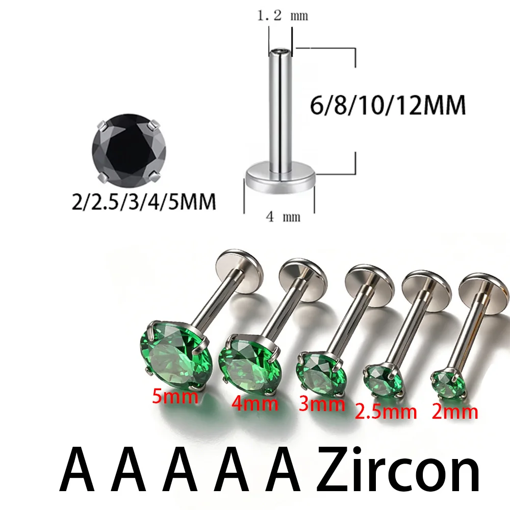 ASTM F136 Titan Ohr-, Lippen- und Nasenstecker mit Zirkonia-Stein, Labret-Stick mit Innengewinde, Ohrringe, runde Piercings in verschiedenen Größen, Körperschmuck – Detail 2