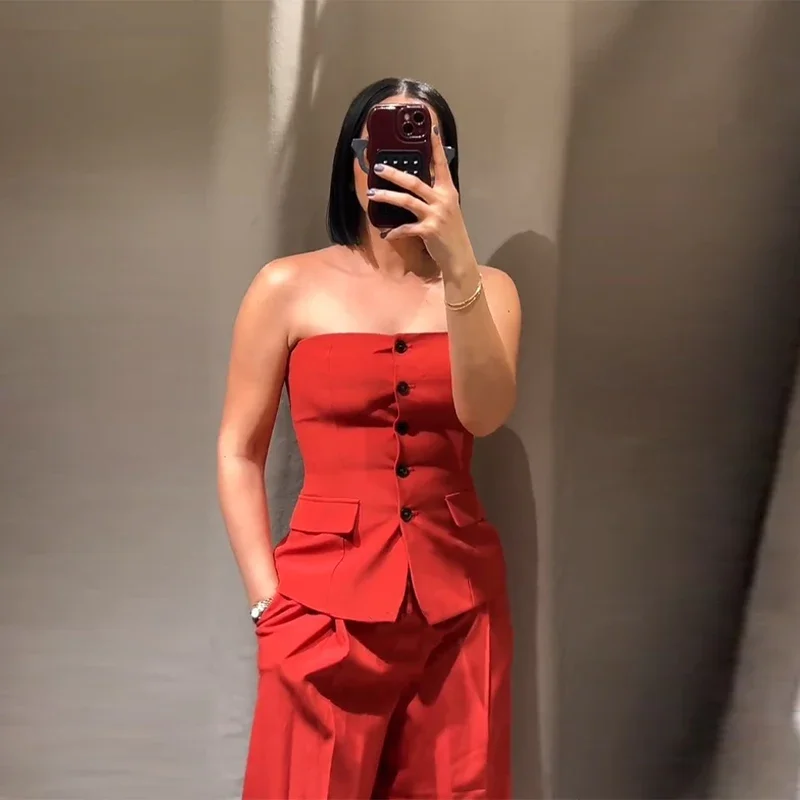 

Casual Single Breasted Vest Set Women Red Sleeveless Tube Top Straight Loose High Waist Pant Fashion Office Fake Pocket Set