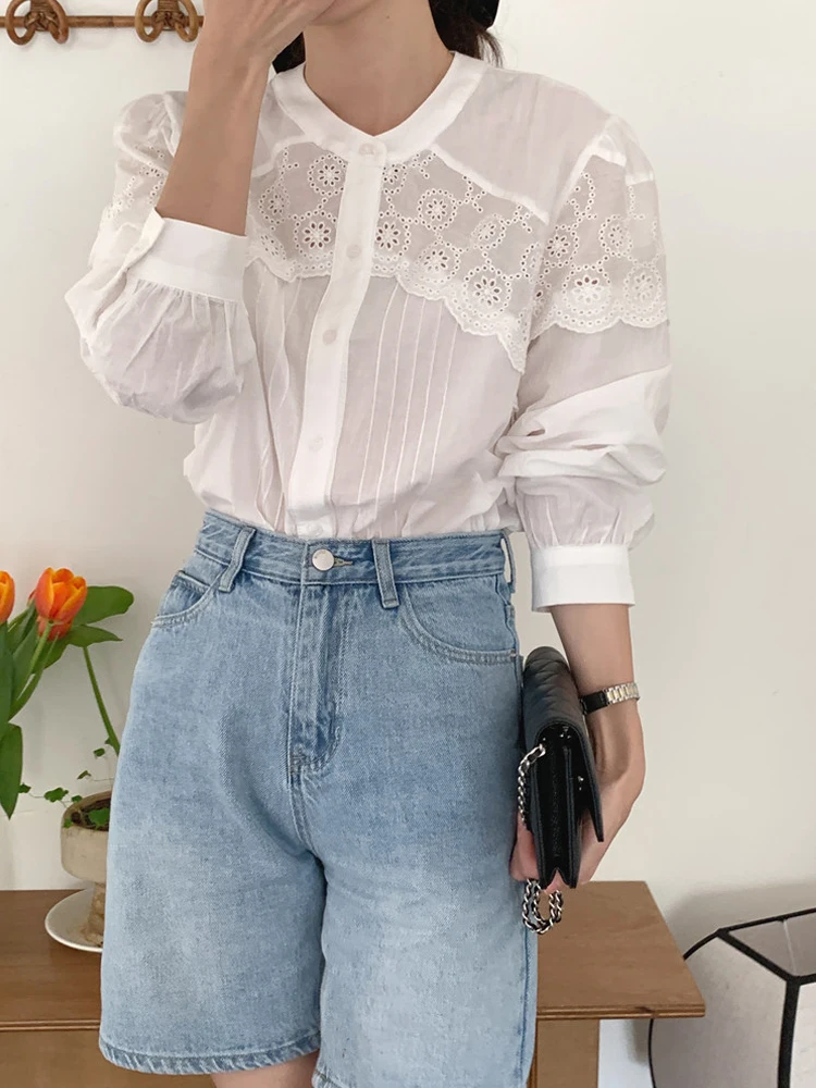 Stylish Women\'s O-neck lace shirt Loose White Summer Long sleeve Cutwork embroidery blouse Basic tops 2023 Lady Chic INKEO 3T159