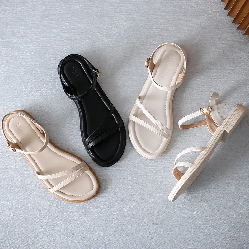 2023 Summer Soft Low Sandals Woman Leather Suit Female Beige Clear Heels Women’s Shoes Buckle Strap Low-heeled Gladiator New Com