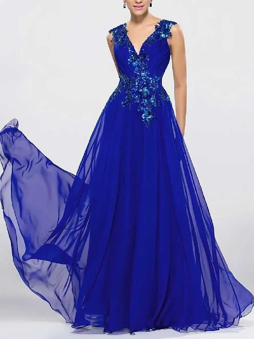 

Royal Blue Evening Formal Dress 2025 V Neck Sleeveless Floor Length Chiffon Sequin Appliques Prom Party Gown Robe De Soriee