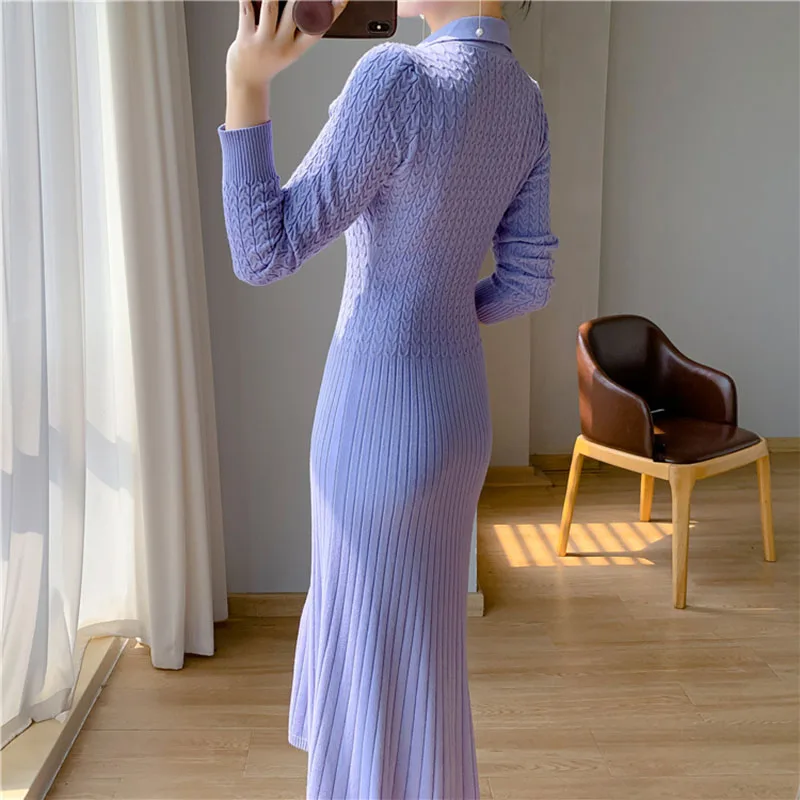 New Women Knitted Slim Dress Long Sleeve 2024Early Spring Female Sweater Midi Robes Elegant Pleated Wrapped Hip Bodycon Dresses