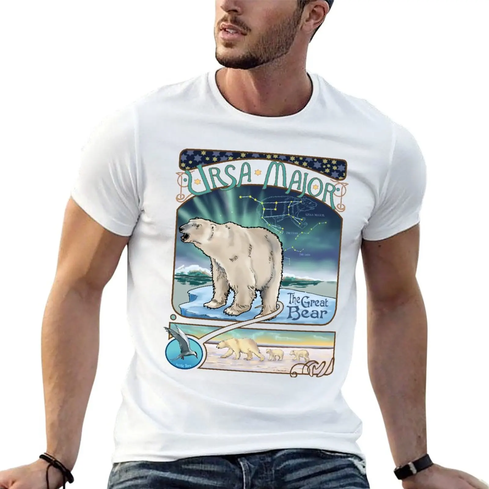 Polar Bear Ursa Major Constellation with Northern Lights T-Shirt Simple Line Art Print Tee