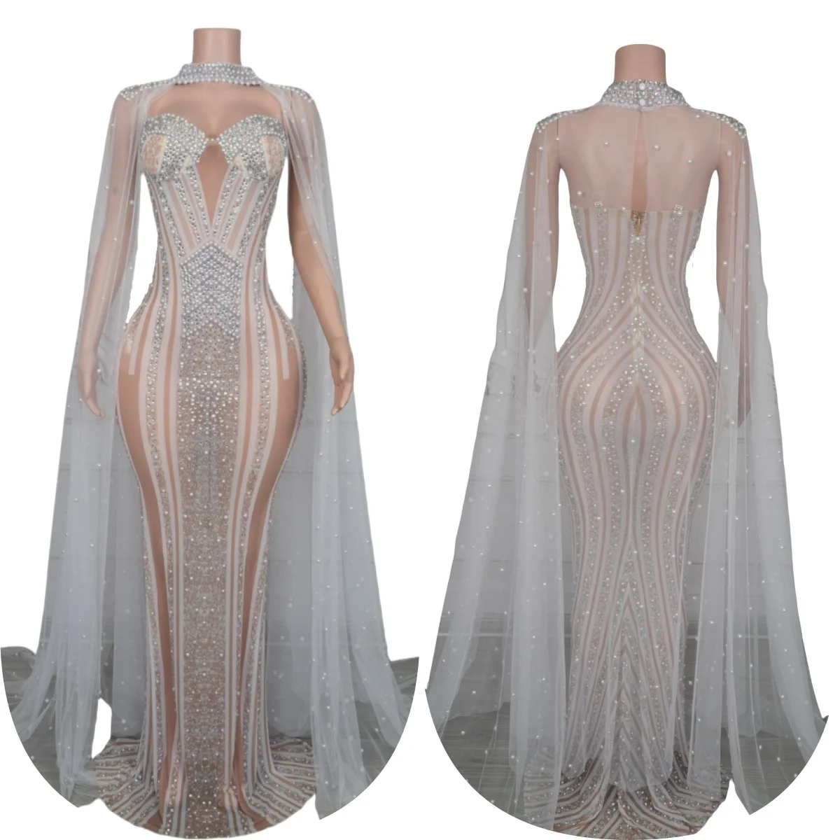 

Elegant White Pearls Long Gauze Dress Sexy See Through Evening Birthday Celebrate Wedding Prom Dresses Photo Shoot Wear Pixing