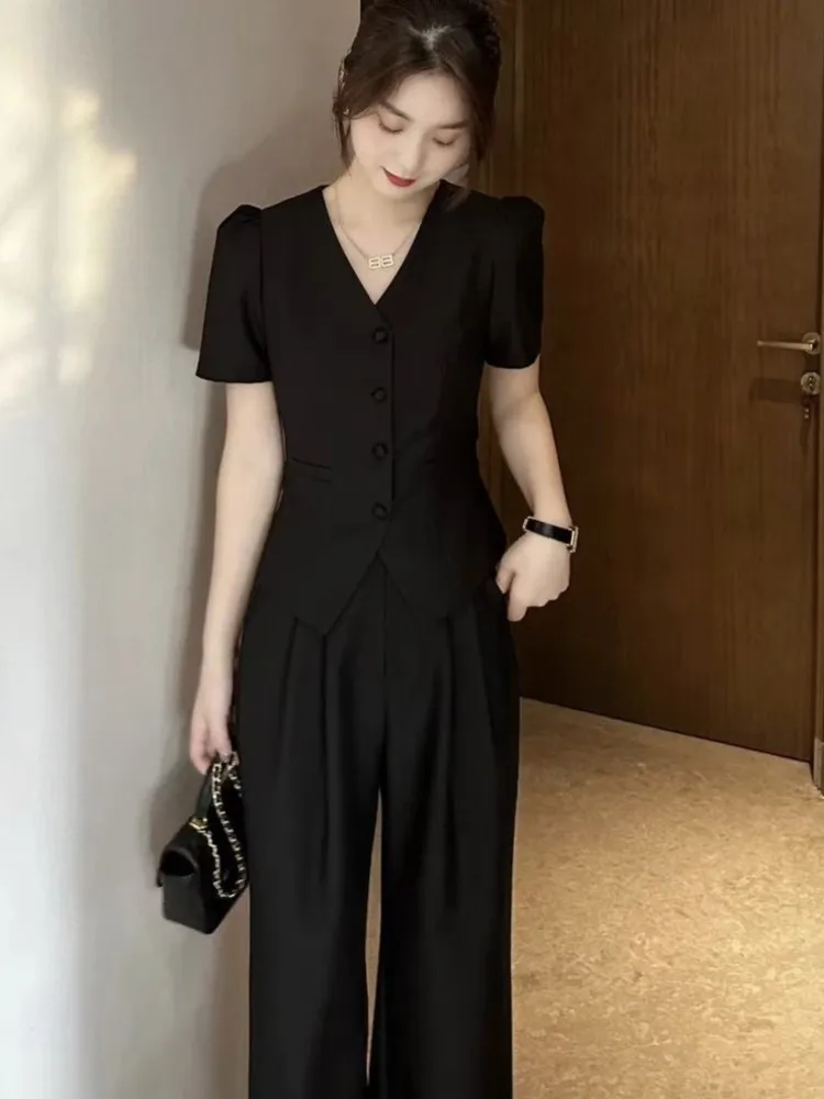 Women Short Sleeve Top Wide Leg Pants Suit Summer New Fashion Female High-end Korean Style Casual Pants Two Piece Set