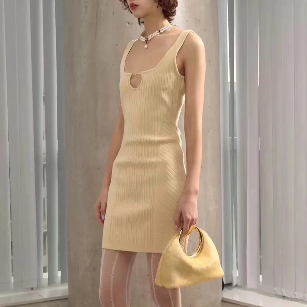 

Ele High Waist Knitted Metal Hollow out Bal Bodycon Dr Square Collar Summer New Arrival Women's Faion Dr