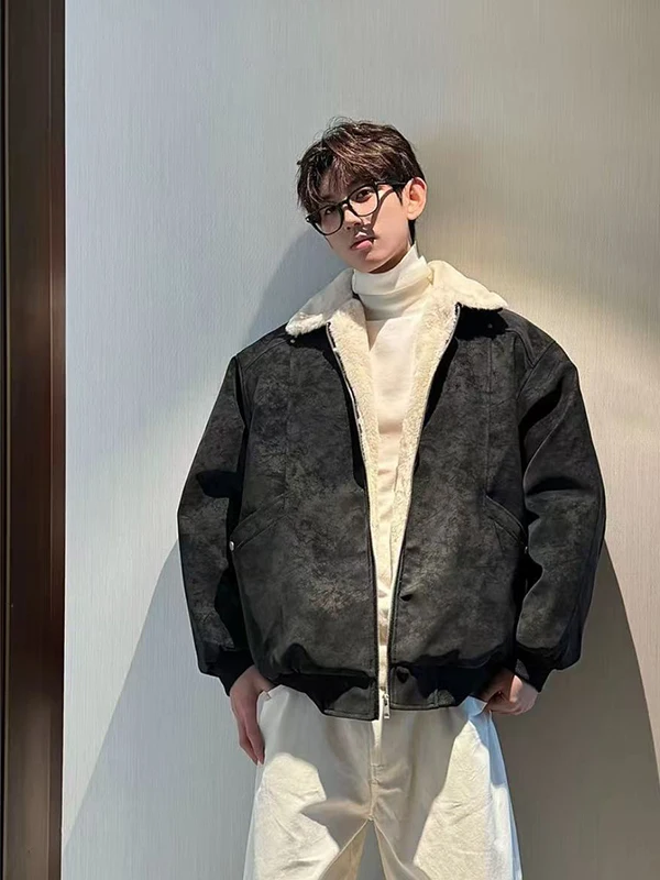 Coppia Thiened American Retro Sle Cotton Jaet Agnello Velluto PU Pelle Cappotto invernale pesante Caldo lungo con cerniera Sve Cl...