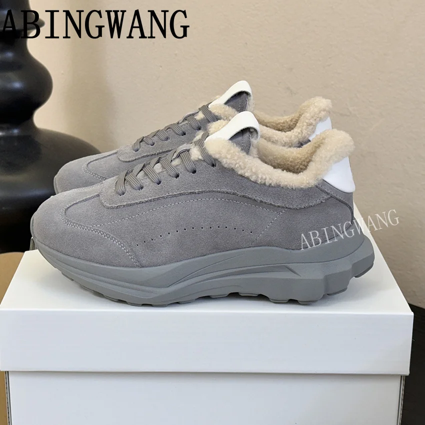 

Spring Winter New Women Suede Flat Sneakers Inside Fur Thick Sole Casual Warm Shoes Round Toe Lace Up Casual Sneakers Shoes