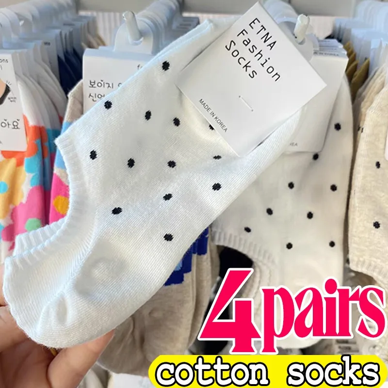 4pairs Polka Dot Socks Black White Spotted Short Sock Pure Cotton Ankle Stocking Spring Summer Retro Girl Sox Hosiery Japanese