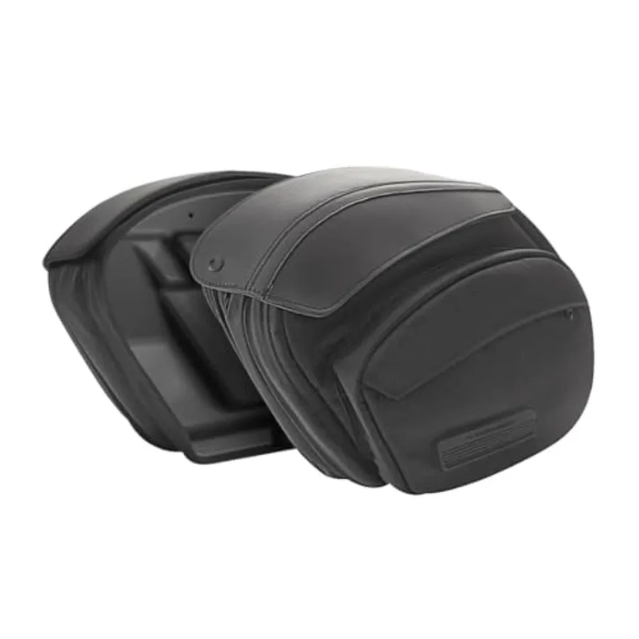 Motorcycle saddlebags for outdoor use, made of durable polyester, black color, waterproof and quick-release design